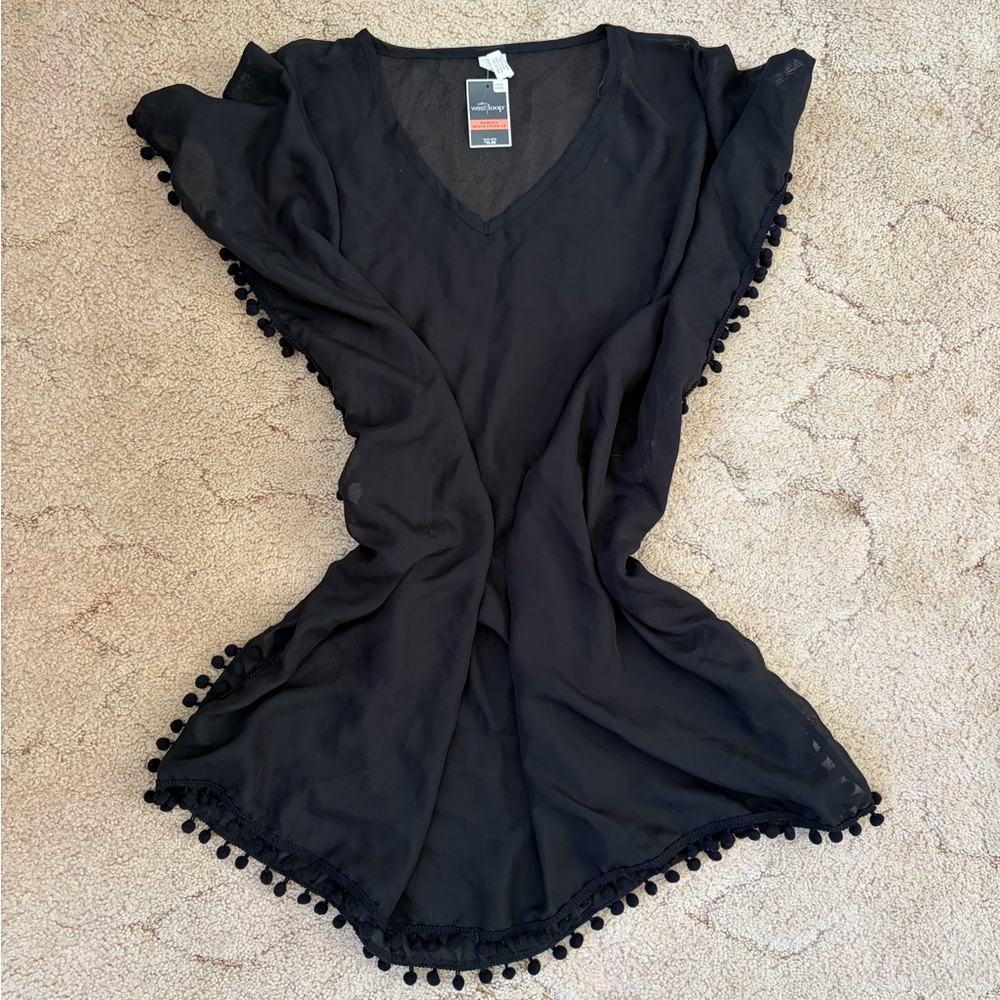 Women’s OS Black Pom-Trim V-Neck Beach Cover-Up